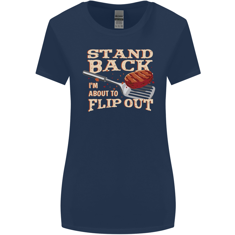Flip Out Funny BBQ Grill Womens Wider Cut T-Shirt Navy Blue