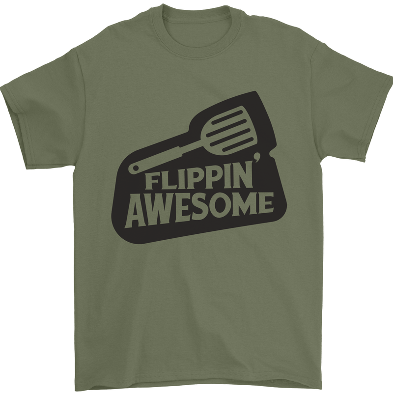 Flipping Awesome Funny BBQ Chef Fathers Day Mens T-Shirt Cotton Gildan Military Green