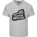 Flipping Awesome Funny BBQ Chef Fathers Day Mens V-Neck Cotton T-Shirt Sports Grey