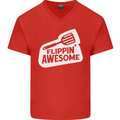 Flipping Awesome Funny Chef BBQ Fathers Day Mens V-Neck Cotton T-Shirt Red
