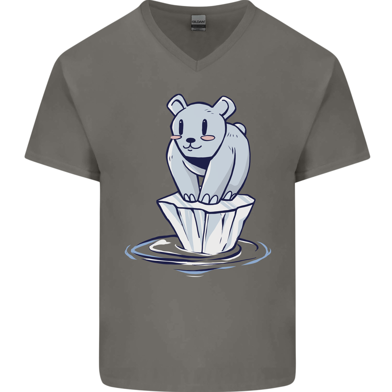 Floating Polar Bear Climate Change Environment Mens V-Neck Cotton T-Shirt Charcoal