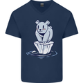 Floating Polar Bear Climate Change Environment Mens V-Neck Cotton T-Shirt Navy Blue