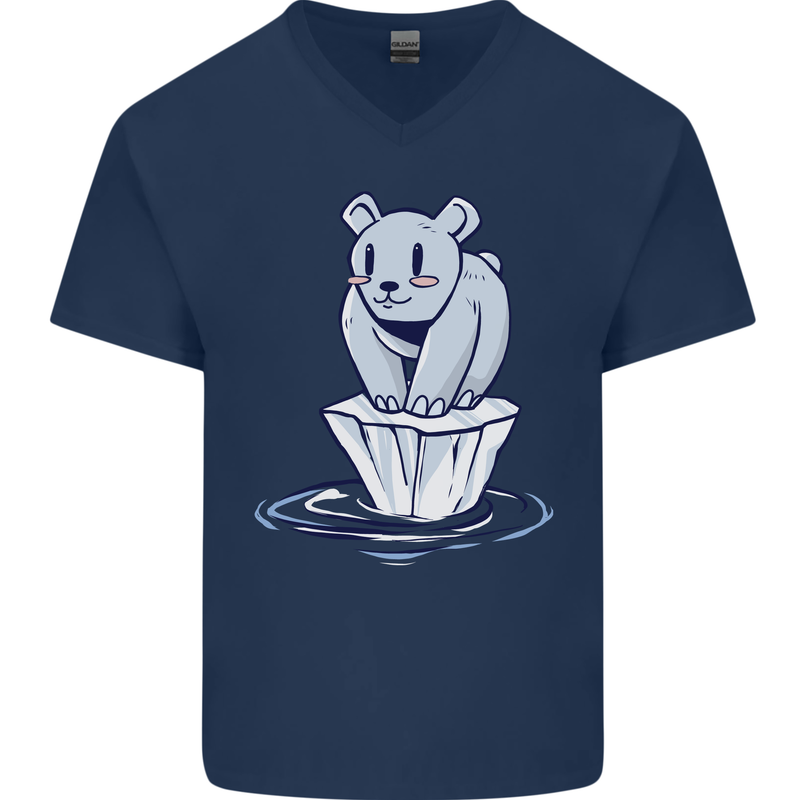 Floating Polar Bear Climate Change Environment Mens V-Neck Cotton T-Shirt Navy Blue