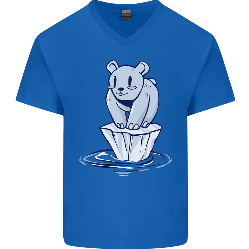 Floating Polar Bear Climate Change Environment Mens V-Neck Cotton T-Shirt Royal Blue