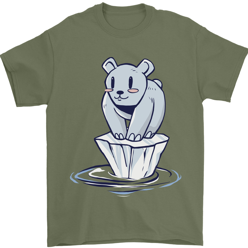 Floating Polar Bear Environment Climate Change Mens T-Shirt 100% Cotton Military Green