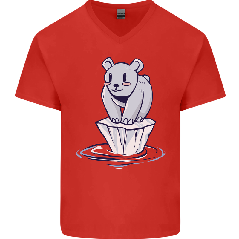 Floating Polar Bear Environment Climate Change Mens V-Neck Cotton T-Shirt Red