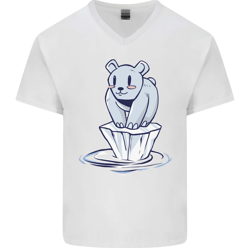 Floating Polar Bear Environment Climate Change Mens V-Neck Cotton T-Shirt White