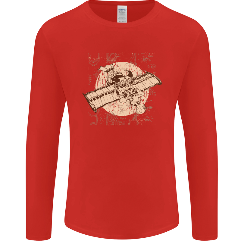 Flying Steampunk Dog Mens Long Sleeve T-Shirt Red