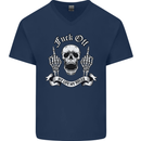 Fook Off My Life Rules Skull Finger Flip Mens V-Neck Cotton T-Shirt Navy Blue