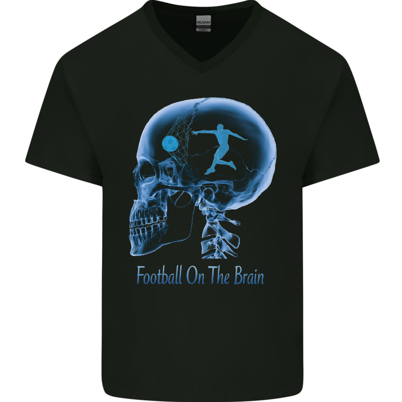 Football on the Brain Funny Footy Player Mens V-Neck Cotton T-Shirt Black