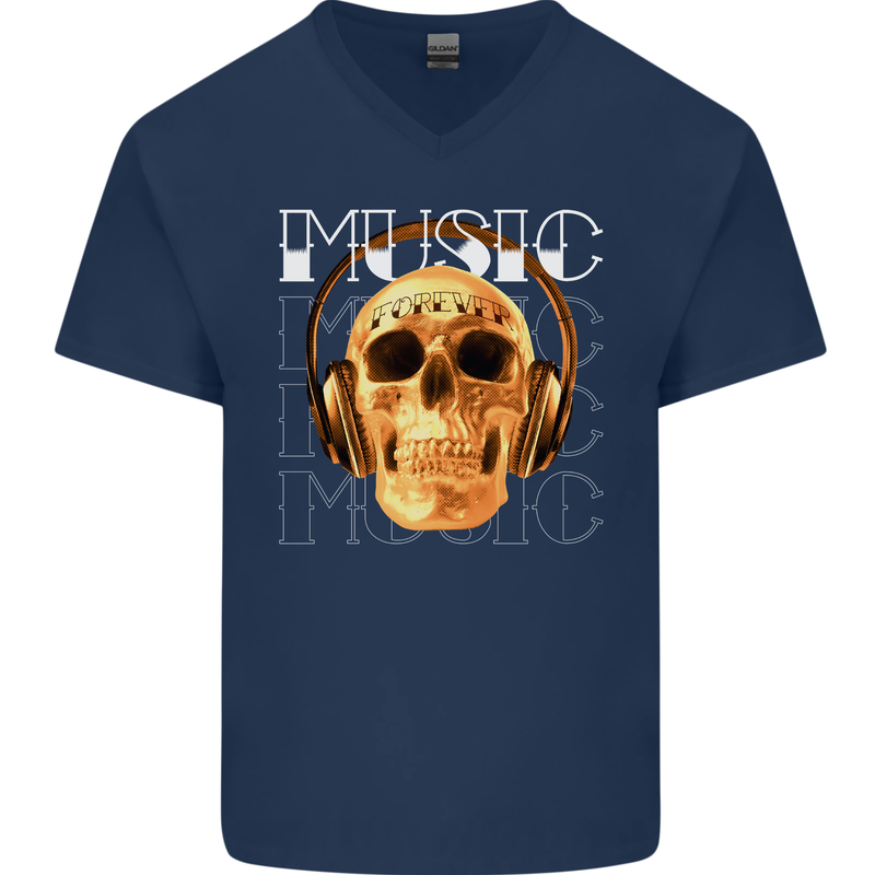 Forever Music Skull Rock Heavy Metal Punk Mens V-Neck Cotton T-Shirt Navy Blue