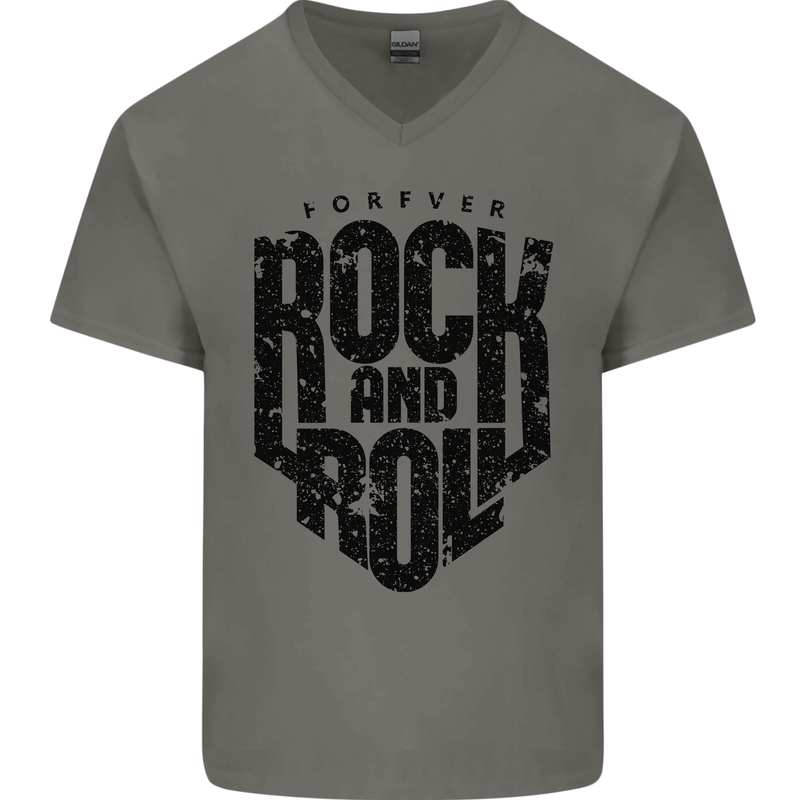 Forever Rock and Roll Music Mens V-Neck Cotton T-Shirt Charcoal