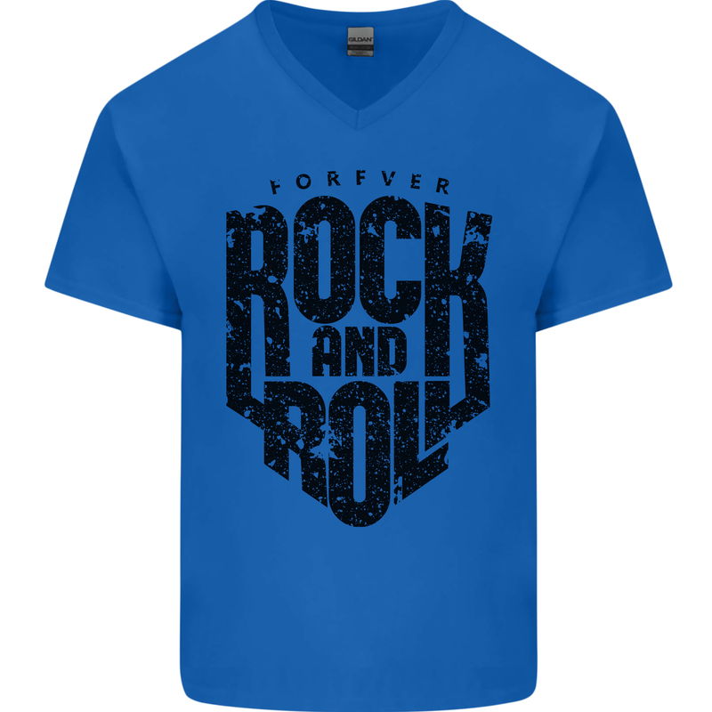 Forever Rock and Roll Music Mens V-Neck Cotton T-Shirt Royal Blue