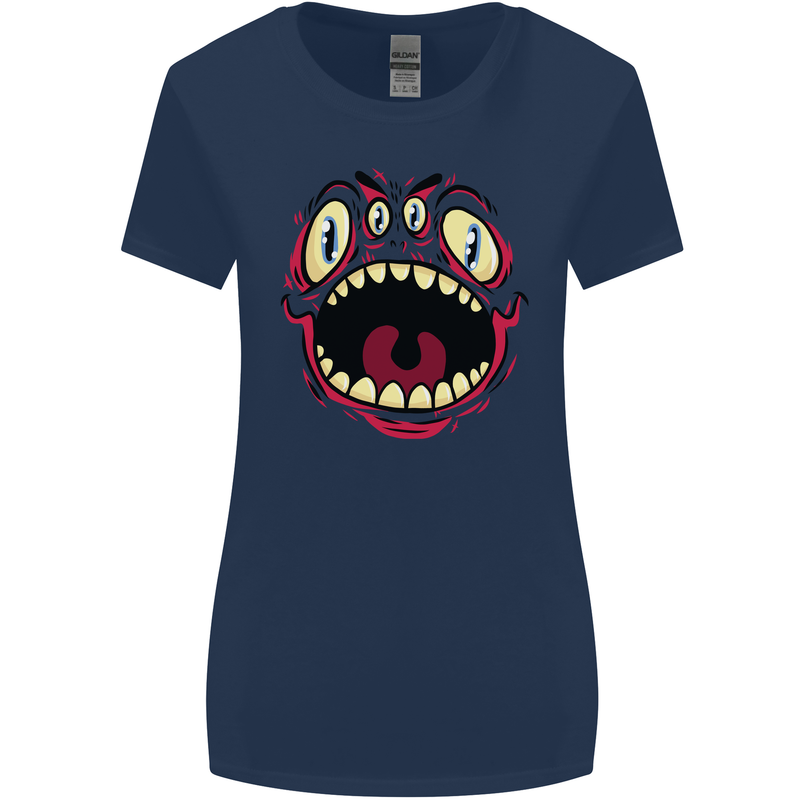 Four Eyed Scary Monster Halloween Womens Wider Cut T-Shirt Navy Blue