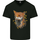 Fox Watercolour Mens V-Neck Cotton T-Shirt Black