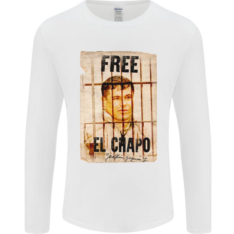 Free El Chapo Cocaine Drugs Cartel Mens Long Sleeve T-Shirt White