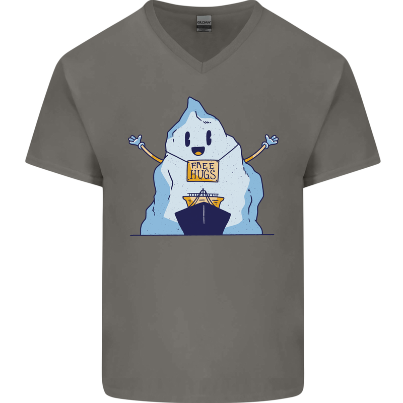 Free Hugs Iceberg and Ship Environment Mens V-Neck Cotton T-Shirt Charcoal