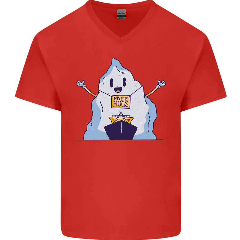 Free Hugs Iceberg and Ship Environment Mens V-Neck Cotton T-Shirt Red