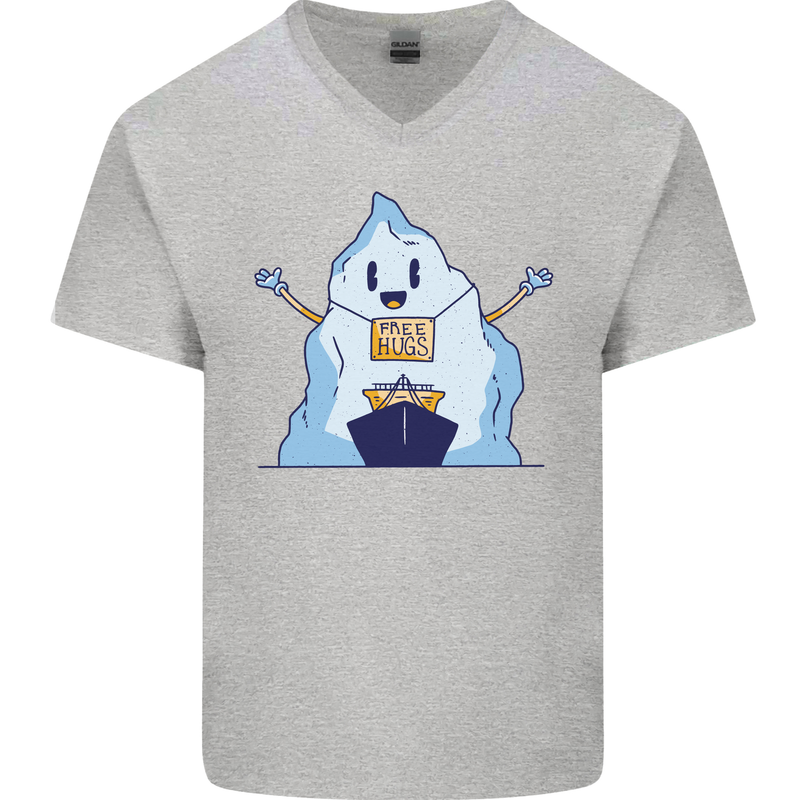 Free Hugs Iceberg and Ship Environment Mens V-Neck Cotton T-Shirt Sports Grey