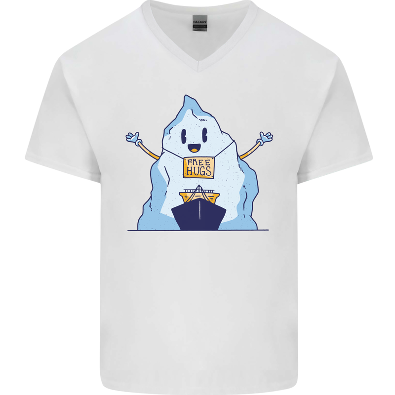 Free Hugs Iceberg and Ship Environment Mens V-Neck Cotton T-Shirt White