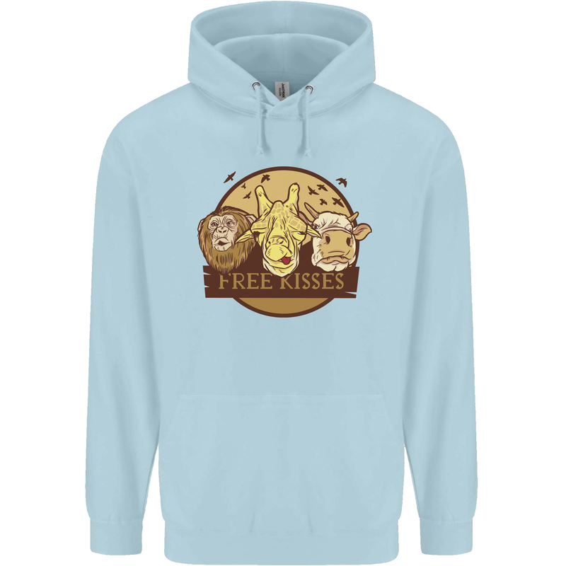 Free Kisses Animals Cow Monkey Giraffe Childrens Kids Hoodie Light Blue