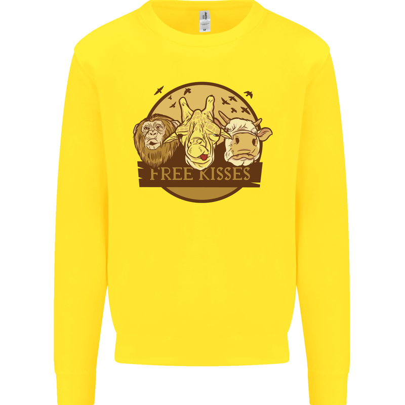 Free Kisses Animals Cow Monkey Giraffe Kids Sweatshirt Jumper Yellow