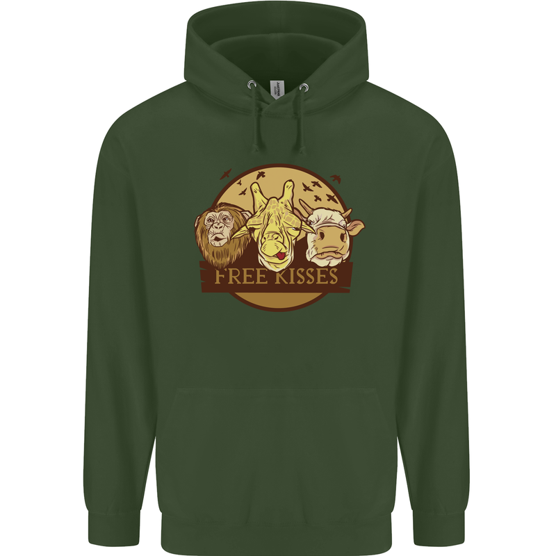 Free Kisses Animals Cow Monkey Giraffe Mens 80% Cotton Hoodie Forest Green