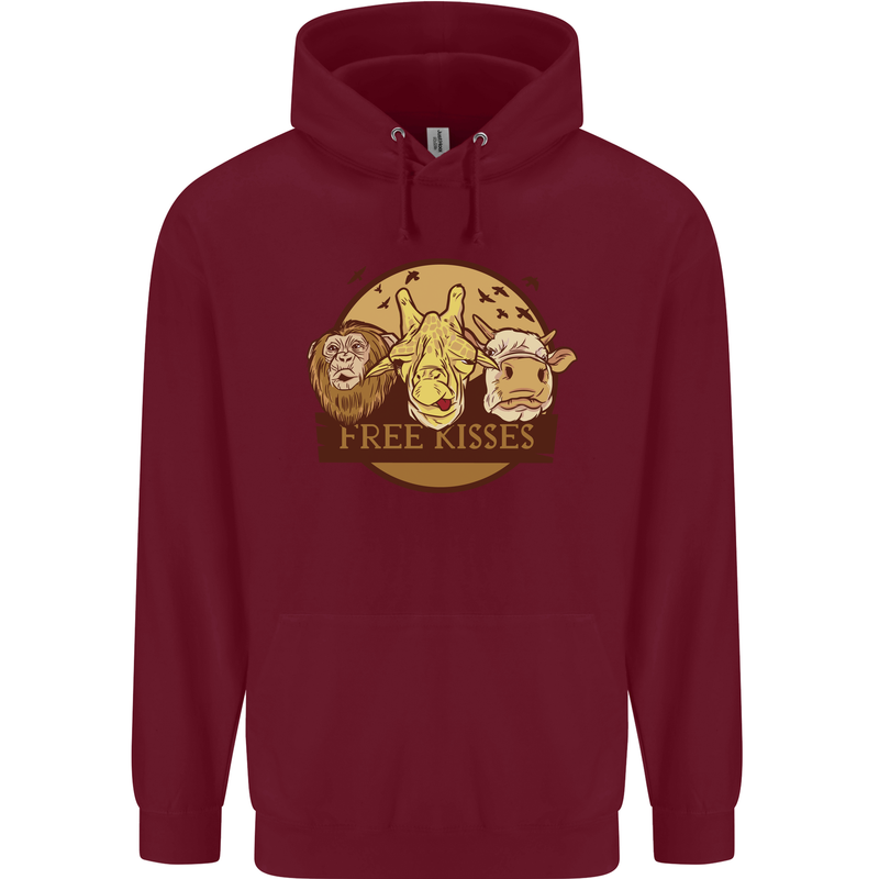Free Kisses Animals Cow Monkey Giraffe Mens 80% Cotton Hoodie Maroon