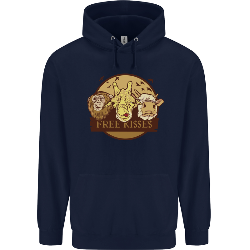 Free Kisses Animals Cow Monkey Giraffe Mens 80% Cotton Hoodie Navy Blue