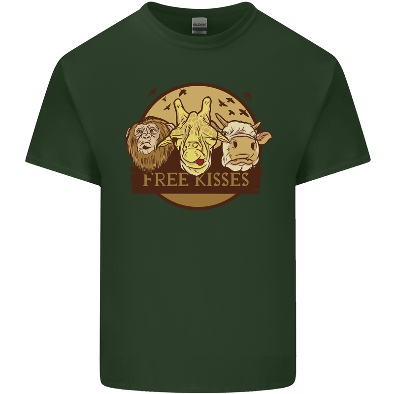 Free Kisses Animals Cow Monkey Giraffe Mens Cotton T-Shirt Tee Top Forest Green