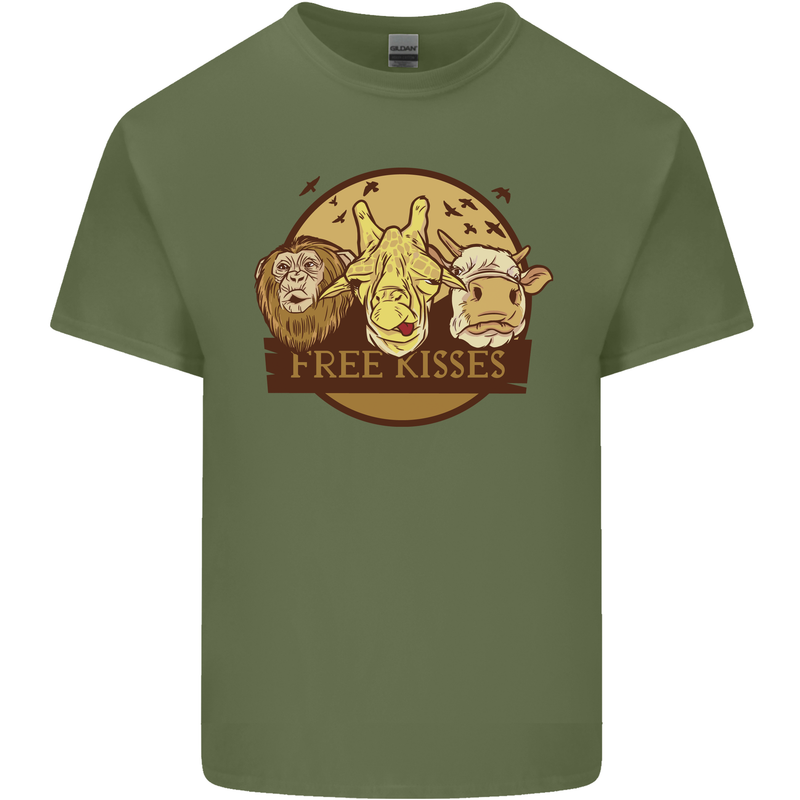 Free Kisses Animals Cow Monkey Giraffe Mens Cotton T-Shirt Tee Top Military Green