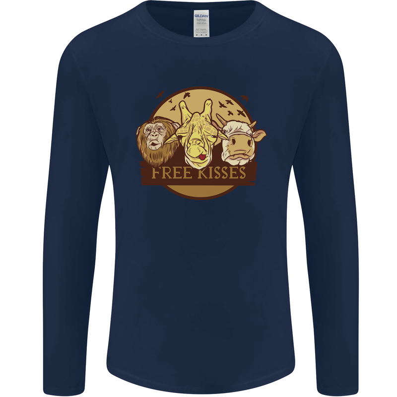 Free Kisses Animals Cow Monkey Giraffe Mens Long Sleeve T-Shirt Navy Blue