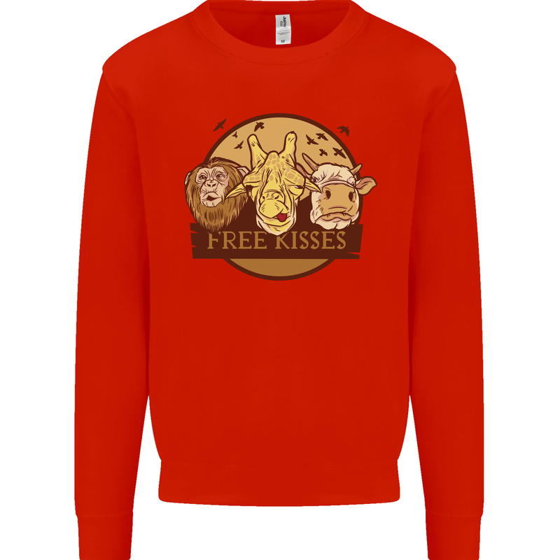 Free Kisses Animals Cow Monkey Giraffe Mens Sweatshirt Jumper Bright Red