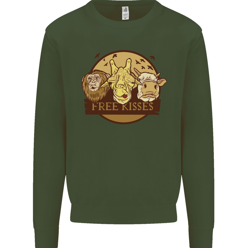 Free Kisses Animals Cow Monkey Giraffe Mens Sweatshirt Jumper Forest Green