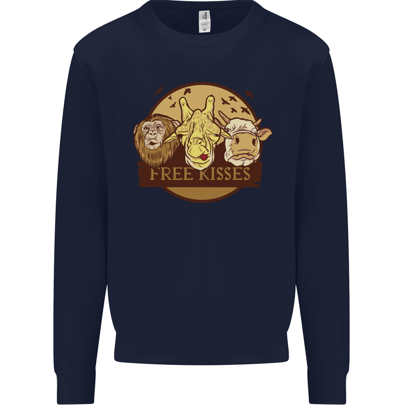 Free Kisses Animals Cow Monkey Giraffe Mens Sweatshirt Jumper Navy Blue