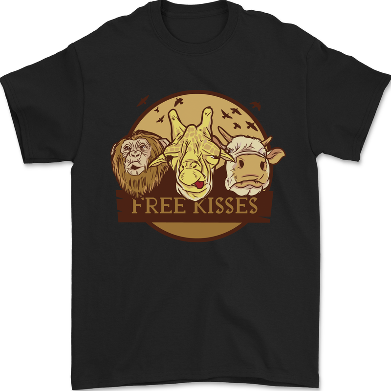 Free Kisses Animals Cow Monkey Giraffe Mens T-Shirt 100% Cotton Black