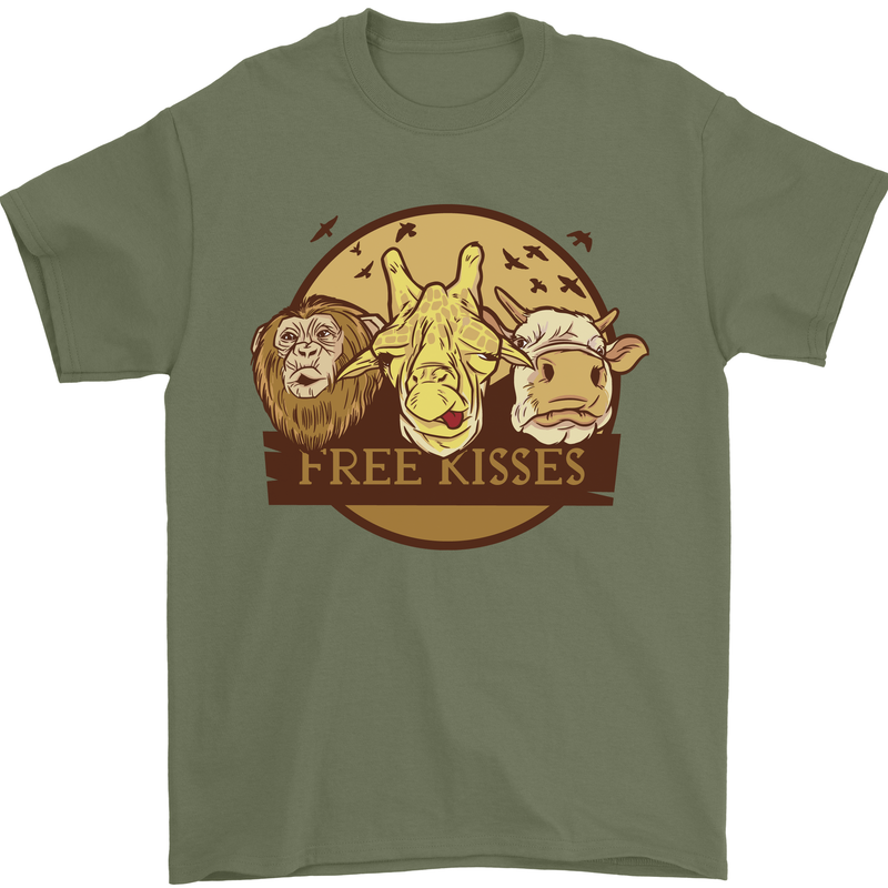 Free Kisses Animals Cow Monkey Giraffe Mens T-Shirt 100% Cotton Military Green