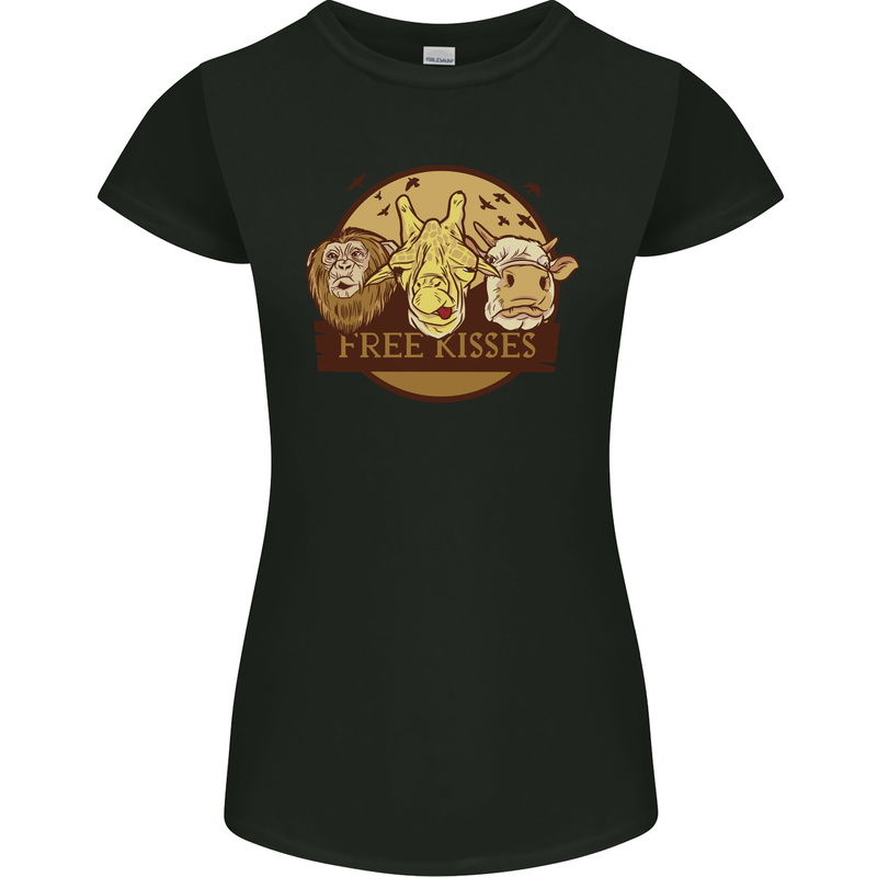 Free Kisses Animals Cow Monkey Giraffe Womens Petite Cut T-Shirt Black