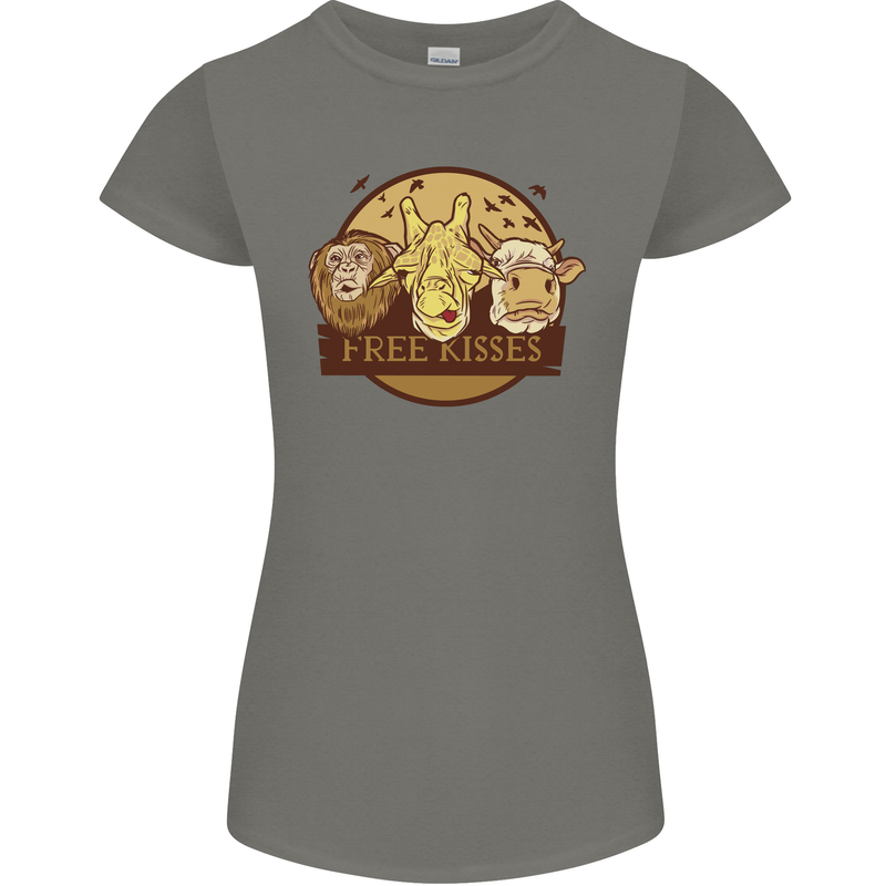 Free Kisses Animals Cow Monkey Giraffe Womens Petite Cut T-Shirt Charcoal