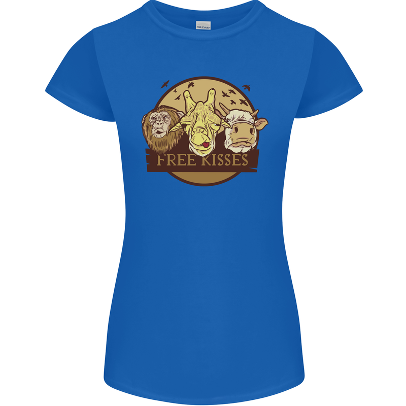Free Kisses Animals Cow Monkey Giraffe Womens Petite Cut T-Shirt Royal Blue