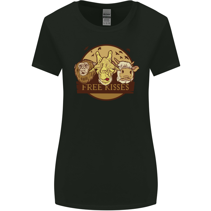 Free Kisses Animals Cow Monkey Giraffe Womens Wider Cut T-Shirt Black