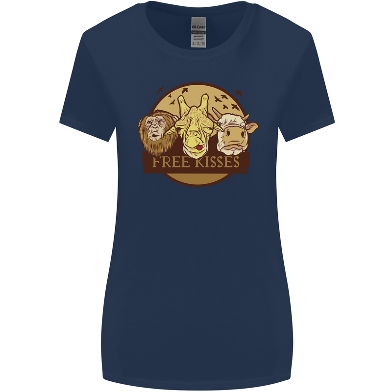 Free Kisses Animals Cow Monkey Giraffe Womens Wider Cut T-Shirt Navy Blue