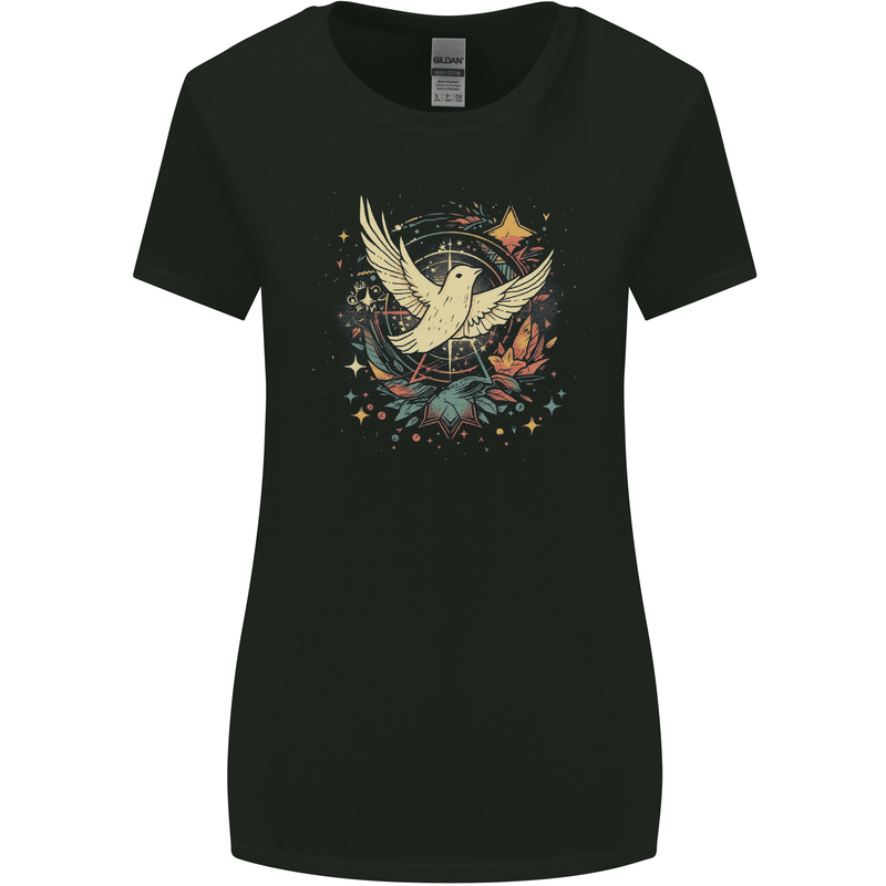 Freedom Dove in a Cosmic Wreath Peace Love Womens Wider Cut T-Shirt Black
