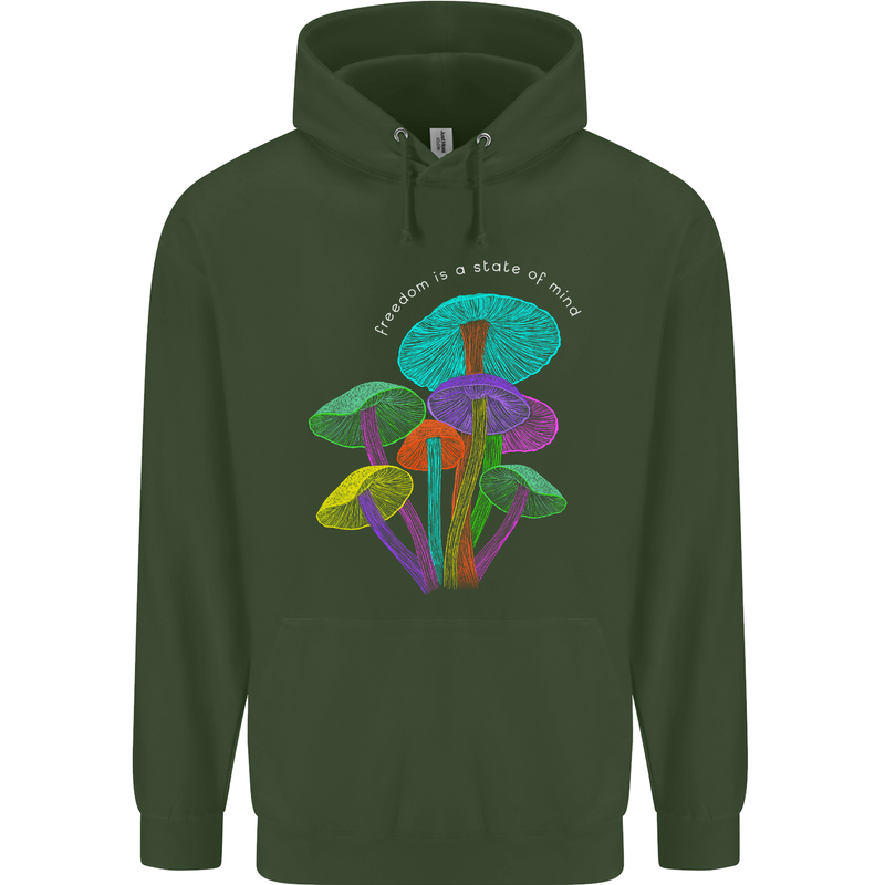 Freedom Is a State of Mind Magic Mushrooms Mens 80% Cotton Hoodie Forest Green