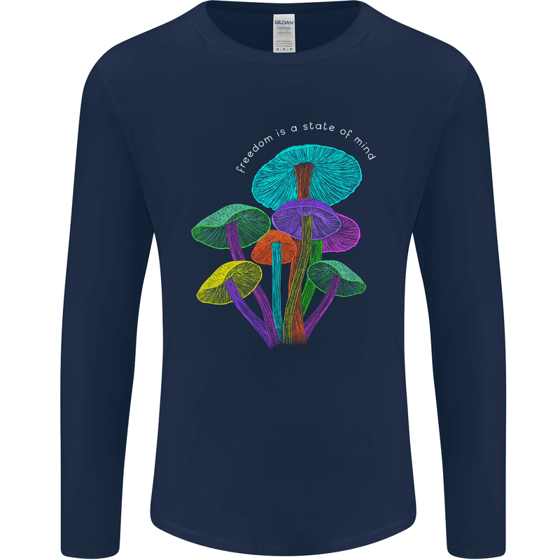 Freedom Is a State of Mind Magic Mushrooms Mens Long Sleeve T-Shirt Navy Blue