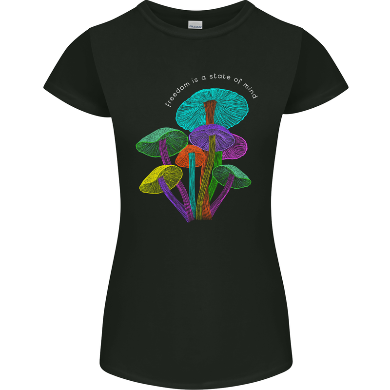 Freedom Is a State of Mind Magic Mushrooms Womens Petite Cut T-Shirt Black