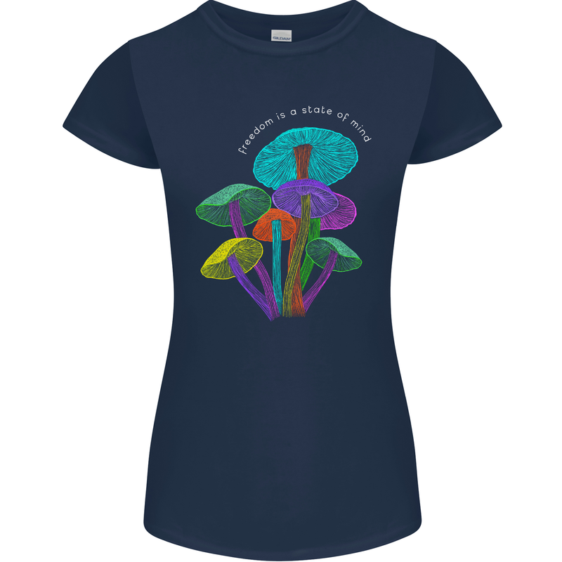Freedom Is a State of Mind Magic Mushrooms Womens Petite Cut T-Shirt Navy Blue