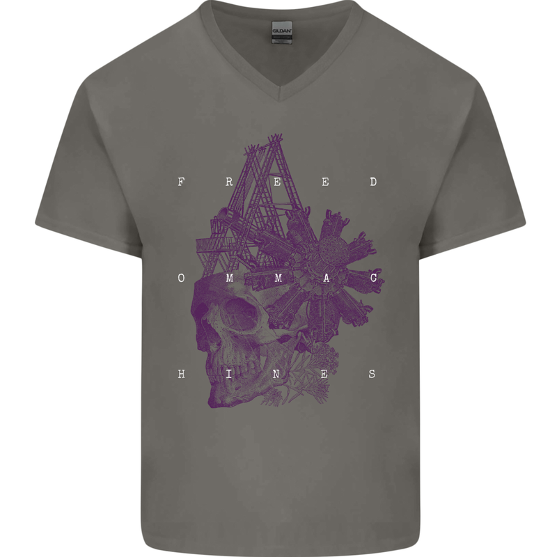Freedom Machines Skull Mens V-Neck Cotton T-Shirt Charcoal