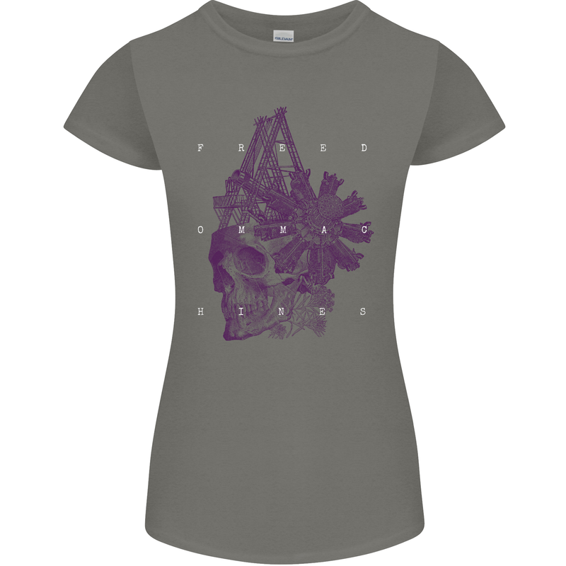 Freedom Machines Skull Womens Petite Cut T-Shirt Charcoal