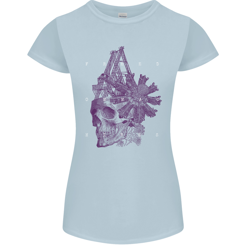 Freedom Machines Skull Womens Petite Cut T-Shirt Light Blue